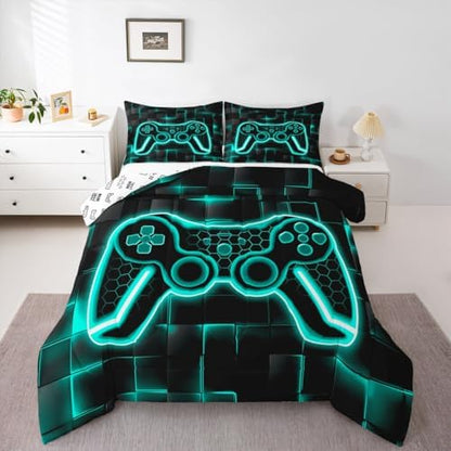 Feelyou Kids Gamer Comforter Set Queen Size Teal Blue and Black Bedding Set for Boys Teens Decor Gaming Ombre Comforter Geometric Square Duvet Set 3Pcs