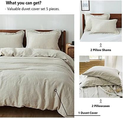 Simple&Opulence 100% Washed Linen Duvet Cover Set 5pcs(1 Duvet Cover& 2 Shams& 2 Pillowcases) Basic Style Natural French Flax Soft Breathable Farmhouse Bedding (Queen, Linen)