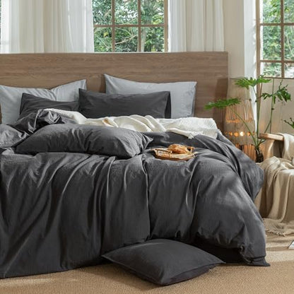 MooMee Wavy Striped Duvet Cover Set 100% Washed Cotton Linen Like Textured Breathable Durable Soft Comfy (Charocal Grey, Full 80"x90")