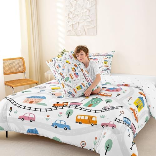 Erosebridal Cartoon City Car Kids Comforter Sets Bicycle Truck Train Full Bedding Set for Boys Girls House & Tree Cityscape Comforter Set Transportation Road & Railway Quilt Duvet 3 Pcs