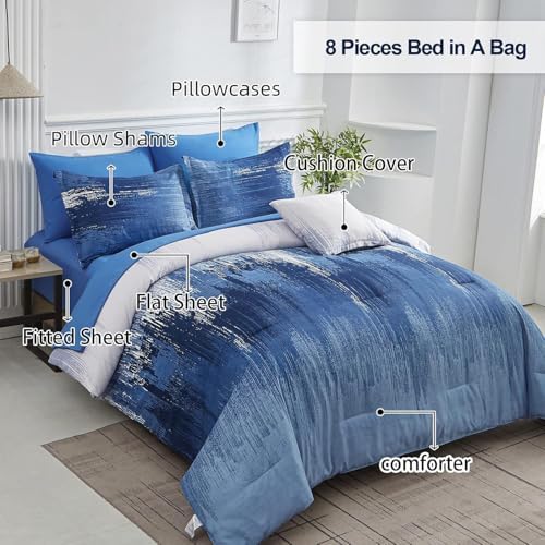 Ombre Blue Comforter Set Queen Size Reversible Gradient Blue Grey Boho Bedding Set for Men Women 8 Pieces Bed in A Bag Bohemian Bed Set With Comforter, Sheets, Pillowcases & Shams, Cushion Cover