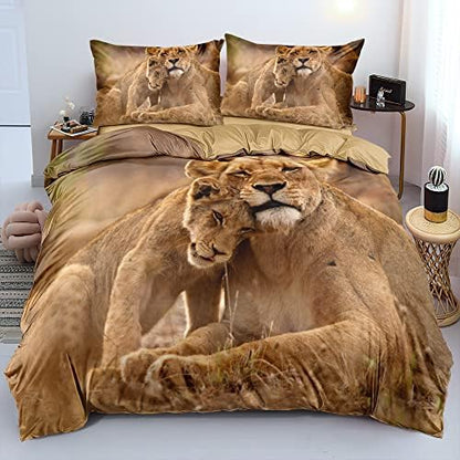 Animal Lions Pattern Duvet Cover Set Queen Size Wild Lion Comforter Covers and Pilliw Shams Camel Color Bedding Sets Romantic Jungle Theme Bedroom Deco Gift
