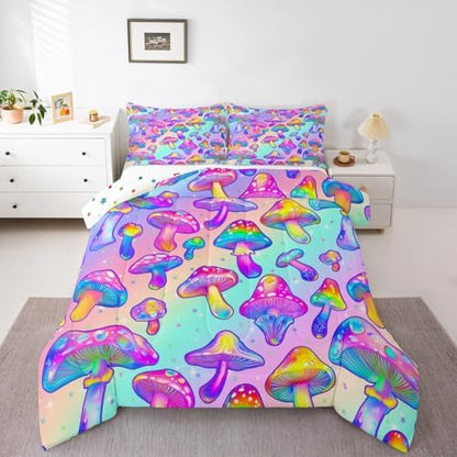 Mushroom Comforter Set Colorful Hippie Style Mushroom Bedding for Boys Girls Blue Purple Gradient Bedding Comforter Sets Exotic Botanical Plants Fungi Decor Duvet Insert Halloween Themed Quilt Full