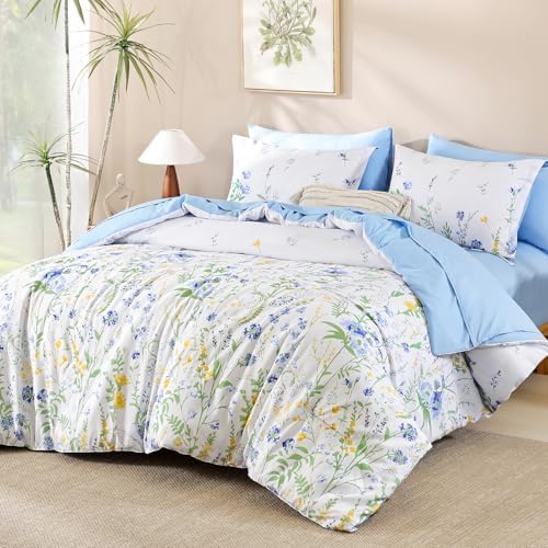 Blue Floral Comforter Set Queen/Full Size, 7 Piece Cute Comforters Bedding