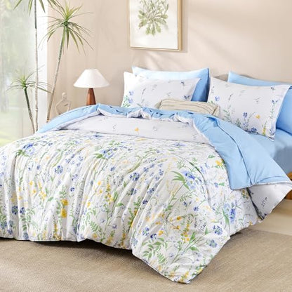 Blue Floral Comforter Set Queen/Full Size, 7 Piece Cute Comforters Bedding