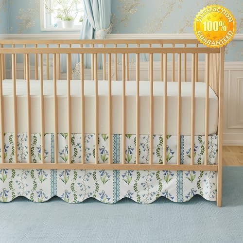 Brandream Scallop Edge Organic Crib Skirt Cotton Toddler Bedskirt Floral Stripes and Vines Baby Nursery Crib Bed Skirt Neutral Vintage Blue Floral Bouquet Farmhouse Chic Boho Bohemian Skirt