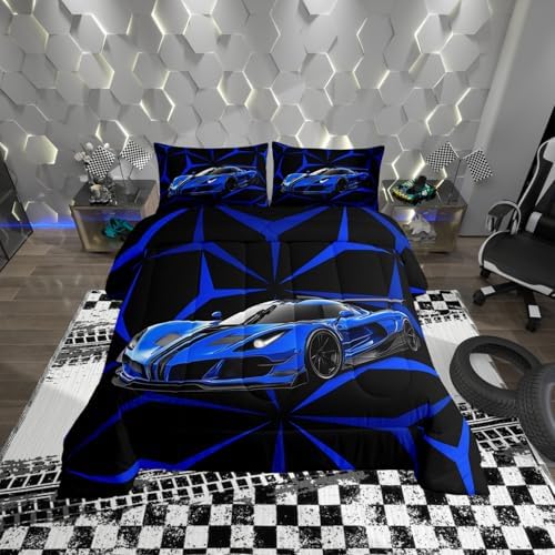 Castle Fairy Blue Race Car Bedding Set with 2 Pillowcases,Abstract Geometric Line Theme Comforter Set for Teens Adult Room,Extreme Sport Theme Racing Car Ultra Soft Bedding Set King Size,3 Pcs