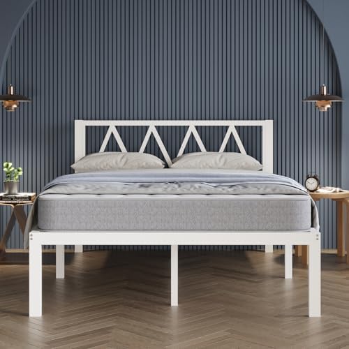 Avenco 14 Inch King Size Bed Frame with Headboard, White Metal Platform Bed Frame, King Bed Frame No Box Spring Needed, Easy Assembly, Heavy Duty Slats Support