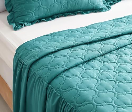 CHIXIN Ruffle Skirt Bedspread - 30" Long Drop, Shabby Chic Style Bedding, Lightweight, 3 Piece Set, King Size, Lagoon