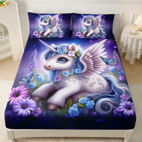 HOSIMA Kids Kawaii Unicorn Twin Bedding Sets,1 Fitted Sheet+2 Pillowcases.