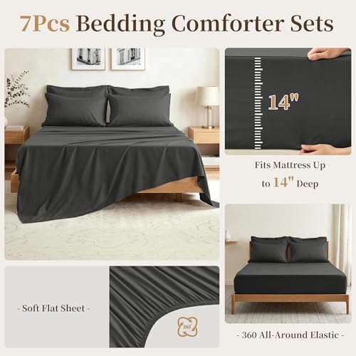Oversized King Comforter Set 7 Pieces - Ultra-Soft Bed in a Bag, Cozy Luxury All Season Bedding Sets with Comforter, Flat Sheet, Fitted Sheet, 2 Pillow Shams & 2 Pillowcases, Dark Gray