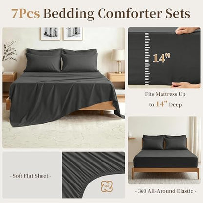 Oversized King Comforter Set 7 Pieces - Ultra-Soft Bed in a Bag, Cozy Luxury All Season Bedding Sets with Comforter, Flat Sheet, Fitted Sheet, 2 Pillow Shams & 2 Pillowcases, Dark Gray