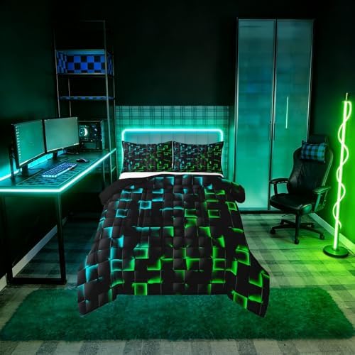 Erosebridal Geometric Checkered Boys Bedding Set Full Size Neon Teal Green Comforter Set for Kids Teen Men Gamer Room Decor,Abstract Ombre Plaid Comforter Grids Quilt Duvet Black