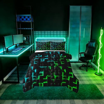 Erosebridal Geometric Checkered Boys Bedding Set Full Size Neon Teal Green Comforter Set for Kids Teen Men Gamer Room Decor,Abstract Ombre Plaid Comforter Grids Quilt Duvet Black