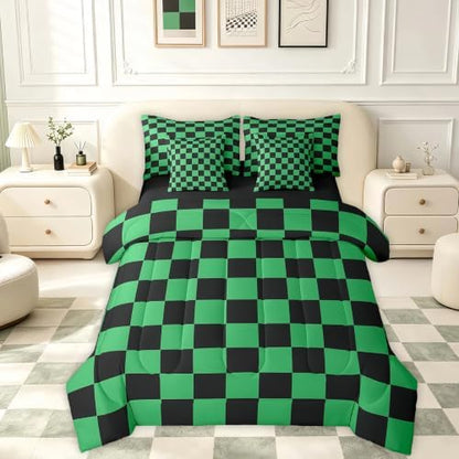 Feelyou Checkered 7 Piece Bedding Set Teen Green Black Plaid Comforter Set with Sheets Queen Size Kids Boys Cute Retro Neutral Checkerboard Geometric Bed in a Bag Vintage Aesthetic Room Decor