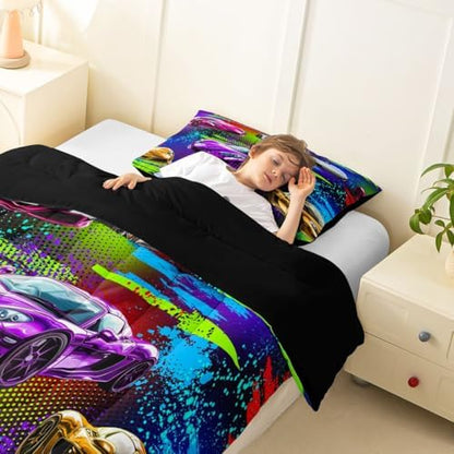 Feelyou Boys Sports Car Comforter Set Toddler Size Racing Car Bedding Set for Kids Boys Girls Extreme Sports Duvet Quilt Automobile Bedroom Decor Microfiber 2 Pcs with 1 Pillow Cases