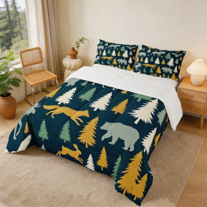 Feelyou Moose Fox Comforter Set Full Size Soft Kids Nature Woodland Wild Animal Bedding Set with Pillow Case Farmhouse Bear Bathroom Lightweight Breathable Comforter