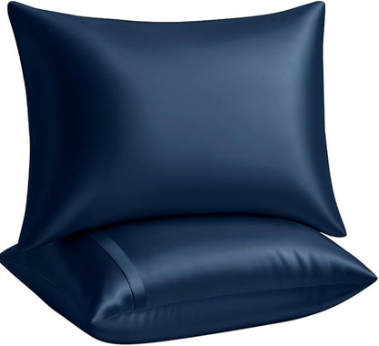 BLISSFORD Satin Pillowcase with Zipper, for Hair and Skin Care, Feels Soft and Cool Like a Silk Pillowcase, Satin Pillow Cases 2 Pack, Slik Pillow Cover, Navy - Queen Size, Set of 2