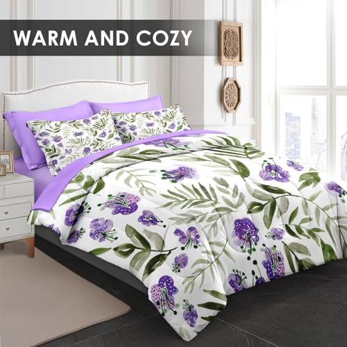 Pamnest Twin Comforter Set with Sheets, 5 Pieces Floral Purple Bedding