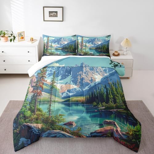 Camping Comforter Set King Size,Lake House Woodland Bedding Set for Kids Teens Adults Room Decor,Adventure Theme Microfiber Soft Quilt Set,Nature Scenery Mountain Duvet Insert 3Pcs,2 Pillowcases
