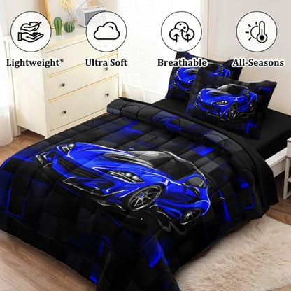 5 Pcs Race Car Twin Bedding Set for Boys, Blue Sports Car Twin Boys Comforter Set with Sheets