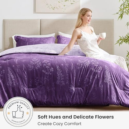 Love's cabin Dark Purple Full Comforter Set - Full Size Comforter Set, 3 Pieces Cute Floral Bedding Sets for All Seasons,1 Soft Reversible Botanical Flowers Comforter and 2 Pillow Shams