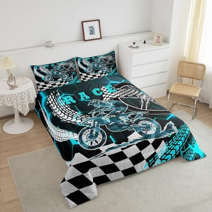 Racing Motorcycle Comforter Set Queen Cyan Neon Lights Honeycomb Bedding Set Dirt Bike Motocross Quilt Glitter Geometric Hexagon Beehive Duvet Insert,Black White Grid Lattice Buffalo Plaid Decor