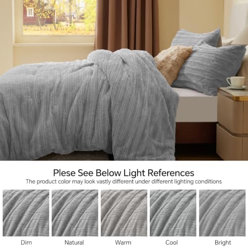 BEDELITE Faux Fur Queen Comforter Set, Fluffy Bed Set, Light Grey