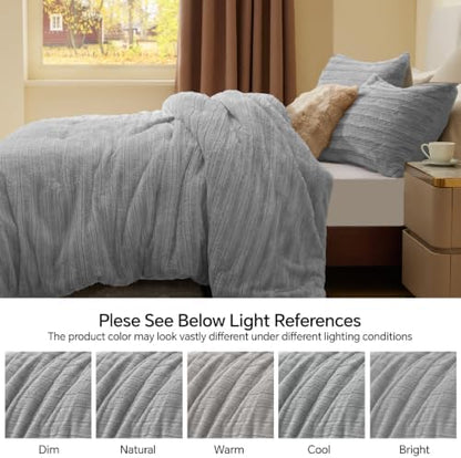 BEDELITE Faux Fur Queen Comforter Set, Fluffy Bed Set, Light Grey