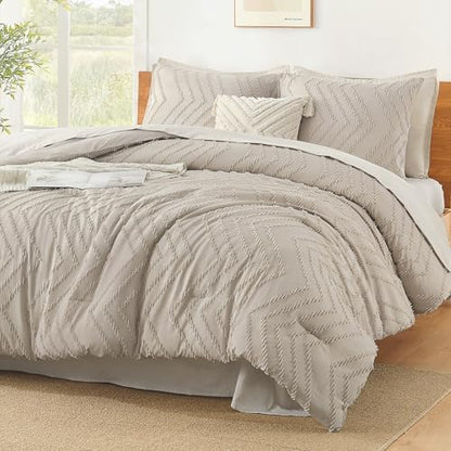 Litanika Light Oatmeal Queen Comforter Set, 3 Pcs Boho Tufted Bedding Set