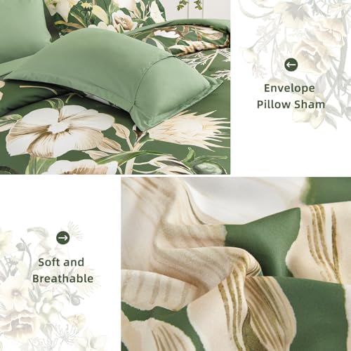 Luxudecor Floral Comforter Set Queen Size 7 Piece, Olive Green Flower Bed in a Bag, Elegant Comforter Bedding Set for All Season (Olive Green, 90"x90")