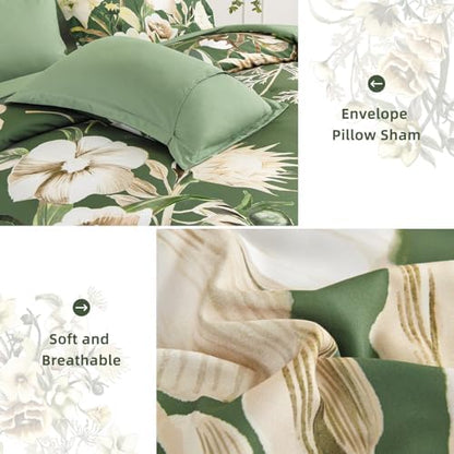 Luxudecor Floral Comforter Set Queen Size 7 Piece, Olive Green Flower Bed in a Bag, Elegant Comforter Bedding Set for All Season (Olive Green, 90"x90")
