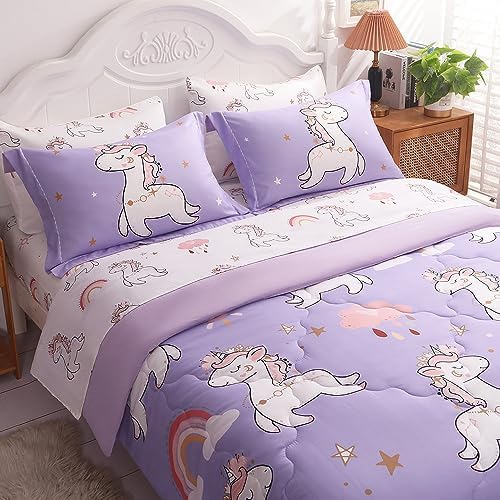 Wajade Kids Purple Unicorn Comforter Set Bed in A Bag Twin Size 7 Piece Cute Unicorn Rainbow Clouds Bedding Set for Girls (1 Comforter, 1 Flat Sheet, 1 Fitted Sheet, 2 Pillowcase and 2 Pillow Sham)