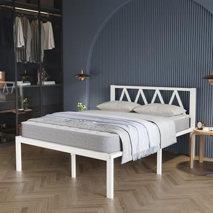 Avenco 14 Inch King Size Bed Frame with Headboard, White Metal Platform Bed Frame, King Bed Frame No Box Spring Needed, Easy Assembly, Heavy Duty Slats Support