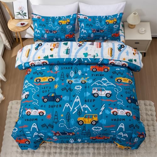 NTBED 5 Pieces Race Car Comforter Set Full for Boys Kids Bed in a Bag Vehicles Transportation Lightweight Microfiber Bedding Sets,Blue