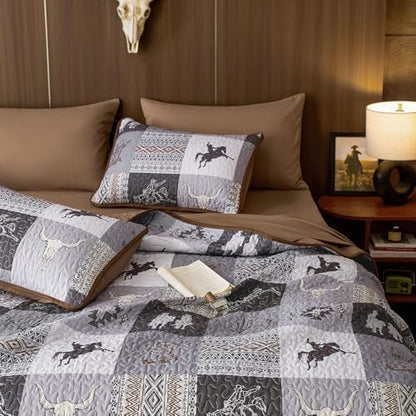 Wake In Cloud - Western Quilt Set, Southwestern Aztec Country Horse Cowboy Rustic Ranch Pattern Printed, Reversible Lightweight Bedspread Coverlet, 3 Pieces, Gray Brown, Queen/Full Size