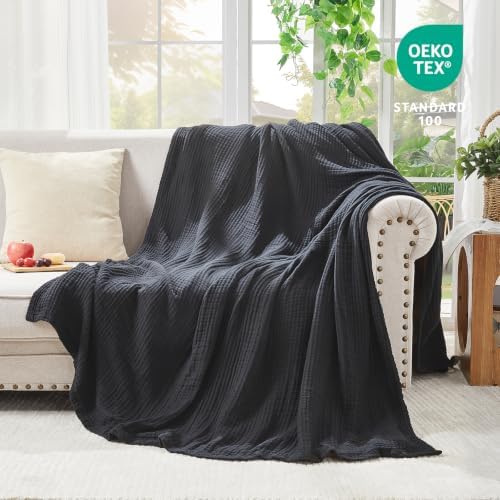 EMME Muslin Blankets for Adults Throw Blanket for Couch Breathable Gauze Soft Lightweight Airy Black King 108" x 90"