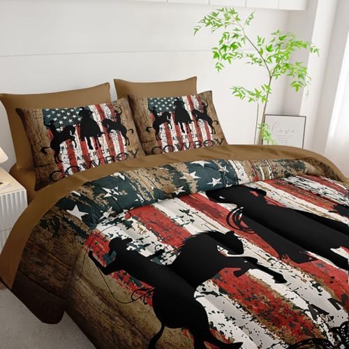 7Pcs Western Cowboy Comforter Set American Flag Printed Bedding Set with 1 Comforter, 1 Flat Sheet, 1 Fitted Sheet and 4 Pillowcases for Bedroom All Season(Cowboy Full)