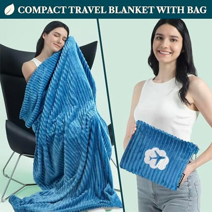 PAVILIA Travel Blanket and Pillow, Soft Ribbed Fleece Airplane, Teal Blue
