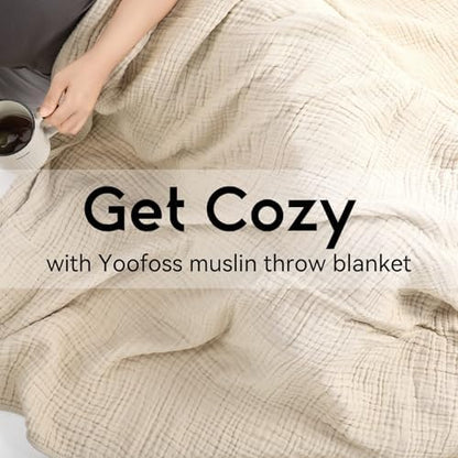 Yoofoss Muslin Blanket 100% Organic Cotton Throw Large 90" x 90" for Bed Couch Summer Gauze Blanket for Adults Lightweight and Breathable Apricot White