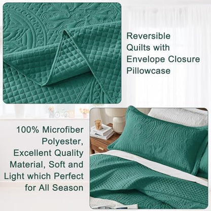 Qucover Oversized King Bedspread, Teal Color King Size Bedspread Oversized, 3 Piece Lightweight California King Quilt Set, All Season Soft Microfiber Persian Pattern Quilted Comforter, 128x120