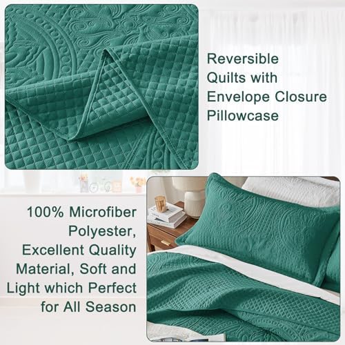 Qucover Alaska King Bedspread 132x 120, Extra Wide Oversized King Bedspread, 3 Piece Soft Microfiber Lightweight Oversized King Quilts Comforter Set, Vintage Persian Pattern, with Pillow Shams, Teal
