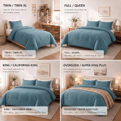 CozyLux Oversized King Comforter Set, 3 Pieces Mineral Blue Quilted Bedding