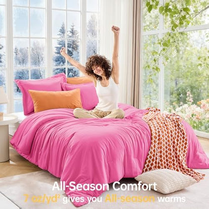 MUXHOMO Oversized Queen Comforter Sets, All Season Ultra Soft Down Alternative Bedding - 3 Piece Lightweight Bed Set Includes 1 Comforter (98"*98") and 2 Pillow Shams (20"x26"), Hot Pink
