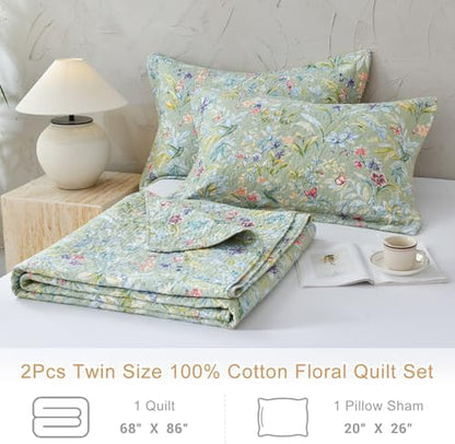 Lady Ann 100% Cotton Floral Twin Quilt Set, Green Flower Bird Butterfly Print Botanical Quilted Bedspread Set, Vintage Soft 68x86 Coverlet with 1 Pillow Sham,Lightweight All Season Bedding