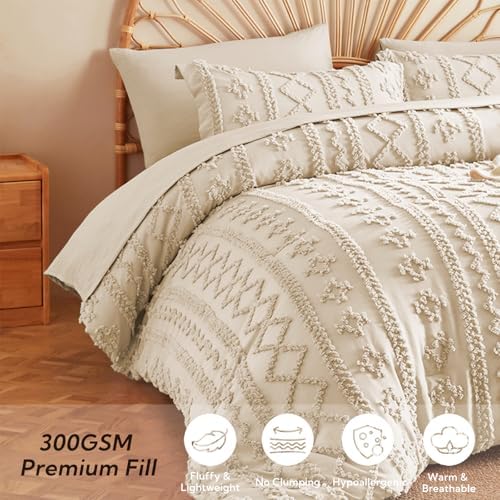 MR&HM Twin XL Comforter Set 5 Pieces Beige, Boho Tufted Bed Set for Dorm
