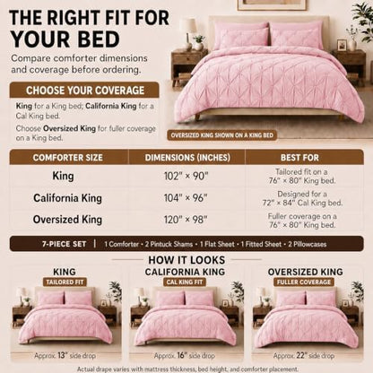 HIMEET King Size Comforter Set Pink - 7 Pieces Pintuck Bed in a Bag