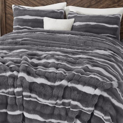 Wonderful 3 Pieces Fluffy Faux Rabbit Fur Comforter Set Queen Size, Dark Gray Plush Fuzzy Bedding Set, Animal Stripes Design Warm Soft Comforter Bedding Set for All Season,90"x94"