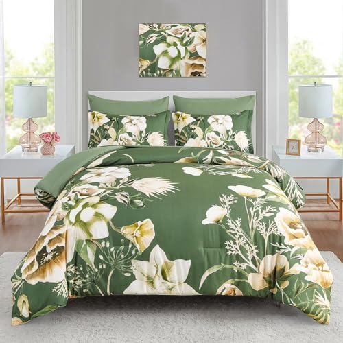 Luxudecor Floral Comforter Set Queen Size 7 Piece, Olive Green Flower Bed in a Bag, Elegant Comforter Bedding Set for All Season (Olive Green, 90"x90")