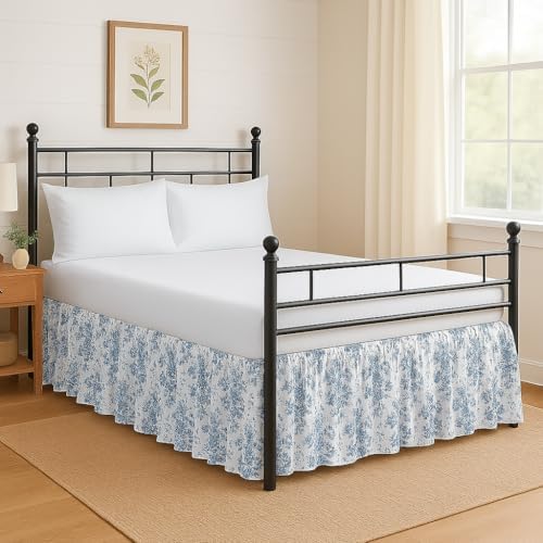 Mattress-Homes Printed Ruffled Bed Skirt Split Corners with Platform Tailored Fit Wrinkle Free Ultra-Soft Microfiber Dust Ruffle Full 10" Drop Blue Floral Bliss